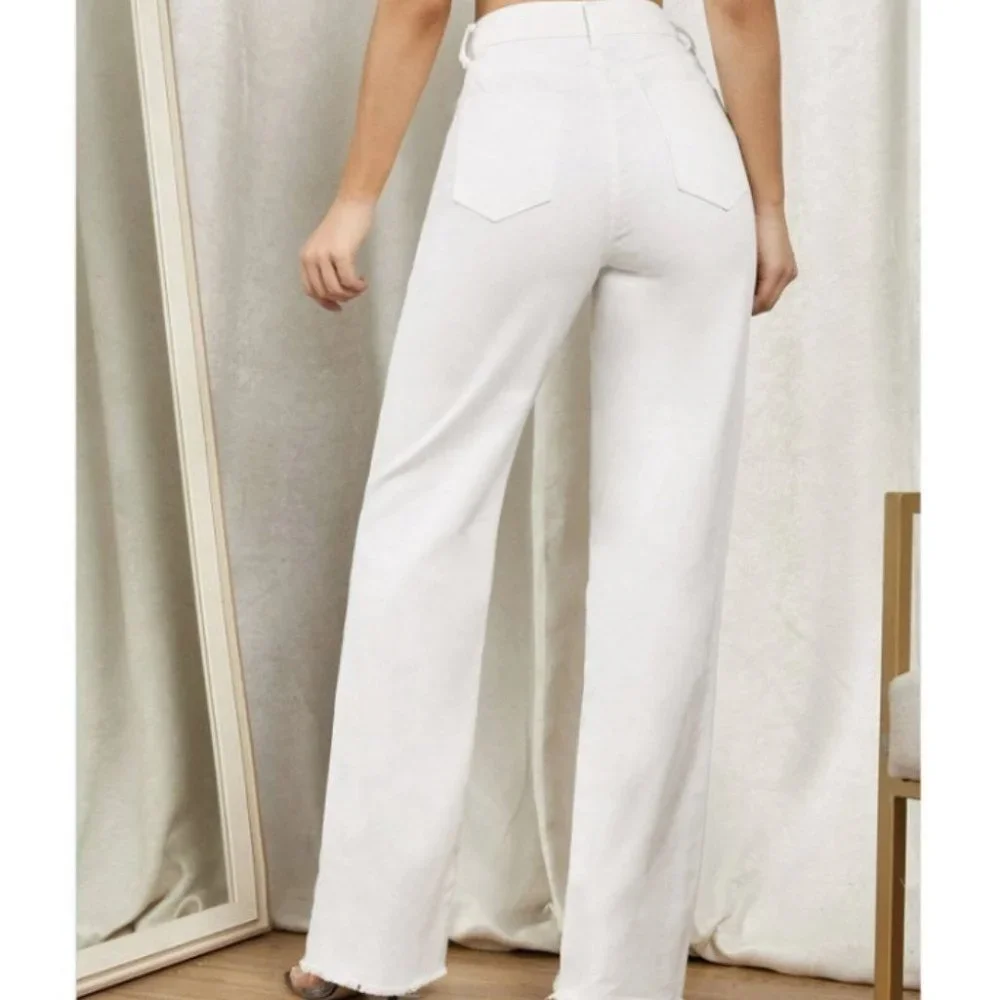 High Waist Raw Hem Straight Leg Jeans White - Picture 2 of 3